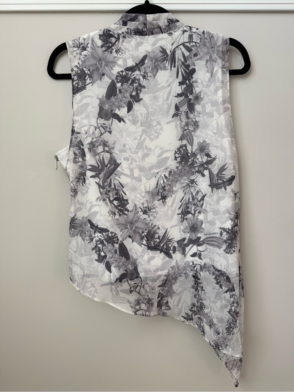 Allsaints Abi Audrey Draped Floral Print Sleeveless Top Asymmetric Mono White 6 - Picture 8 of 10